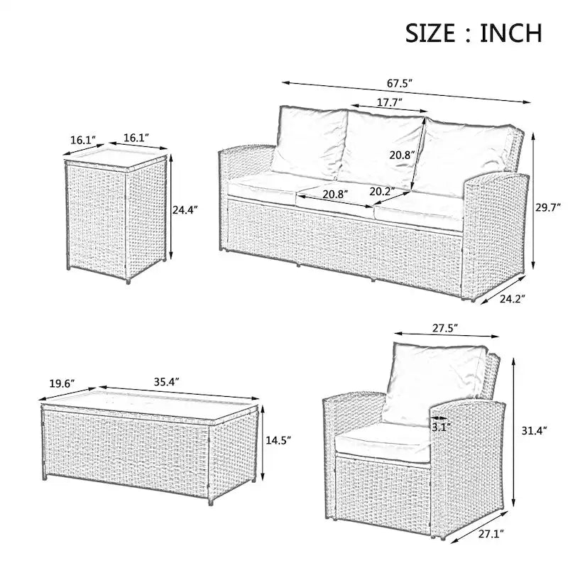 Ensemble de 5 meubles en osier, mobilier de terrasse, meubles en osier PE saisonniers