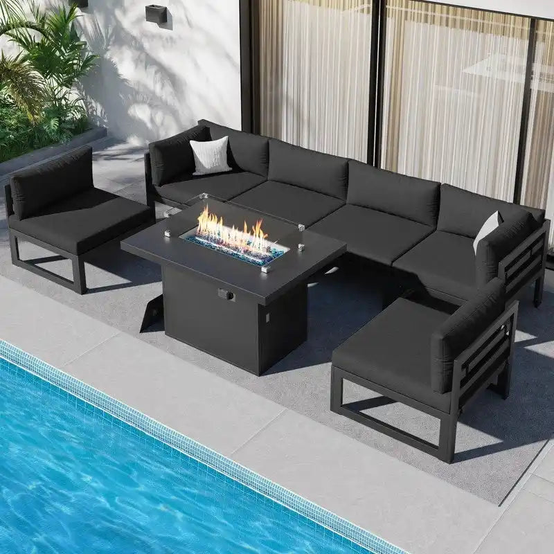 Ensemble de mobilier de patio surdimensionné 7 pièces FINCATI en aluminium avec table brasero de 43 po pour jardin, terrasse et arrière-cour