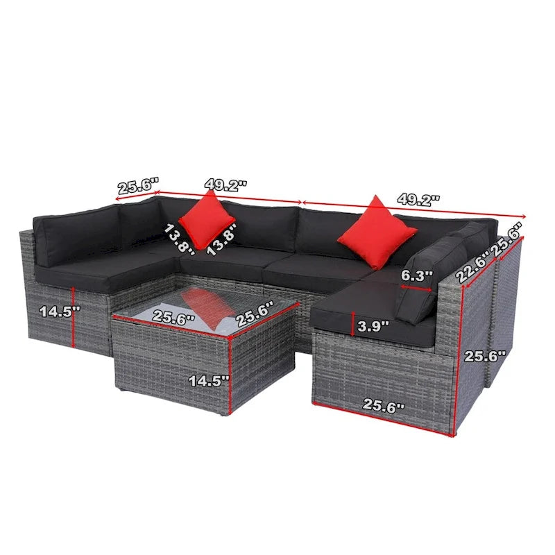 Canapé d'angle d'extérieur 5 pièces en rotin avec 2 oreillers et table