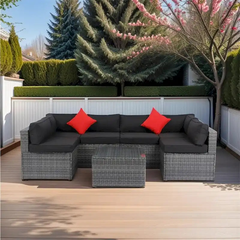 Canapé d'angle d'extérieur 5 pièces en rotin avec 2 oreillers et table