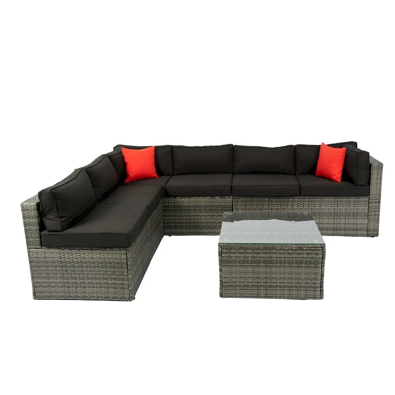 Canapé d'angle d'extérieur 5 pièces en rotin avec 2 oreillers et table