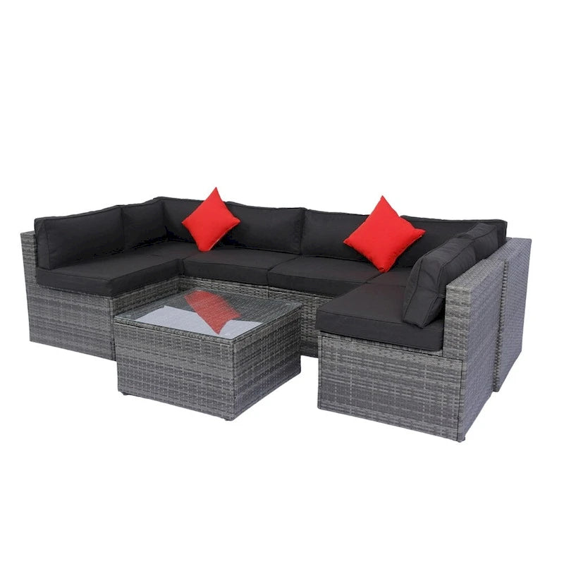 Canapé d'angle d'extérieur 5 pièces en rotin avec 2 oreillers et table