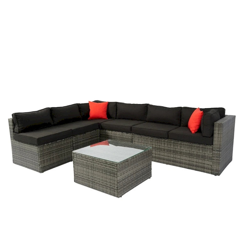 Canapé d'angle d'extérieur 5 pièces en rotin avec 2 oreillers et table
