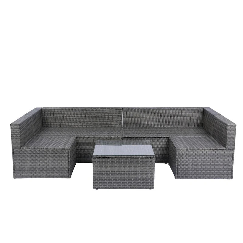 Canapé d'angle d'extérieur 5 pièces en rotin avec 2 oreillers et table