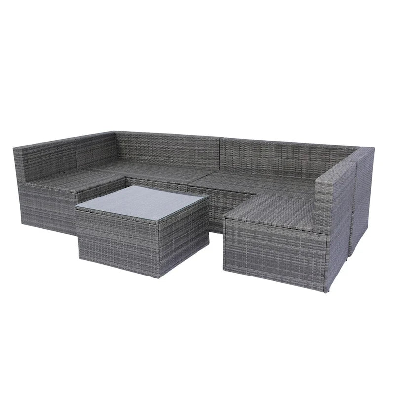 Canapé d'angle d'extérieur 5 pièces en rotin avec 2 oreillers et table
