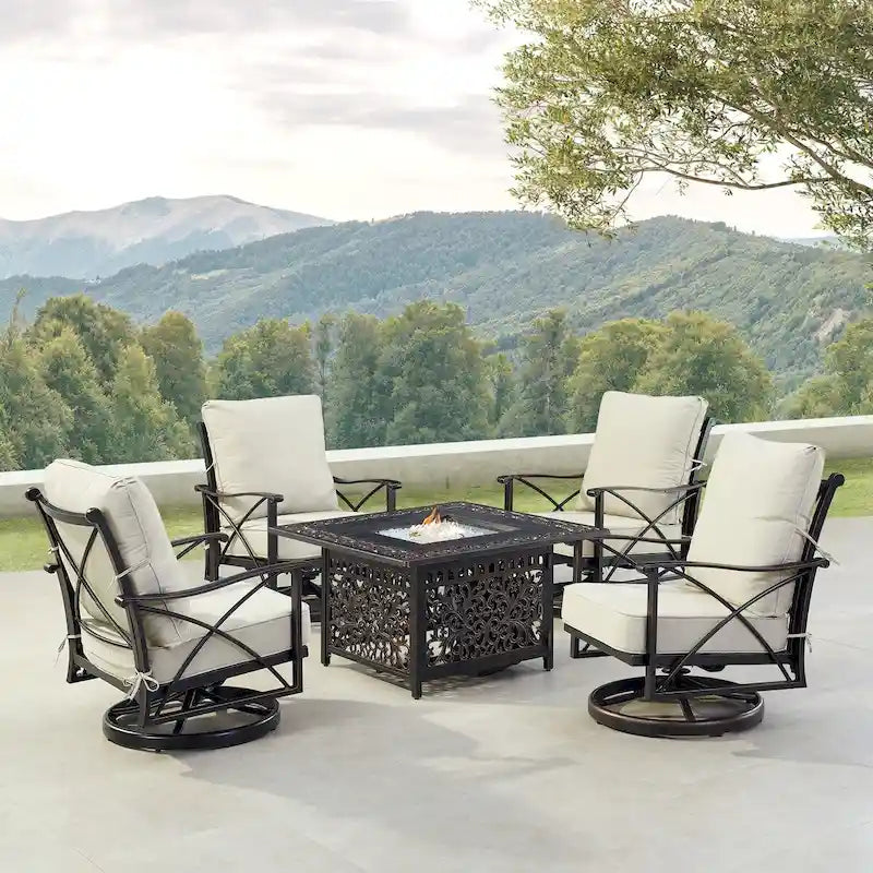 Ensemble table brasero en aluminium noir avec quatre fauteuils de club