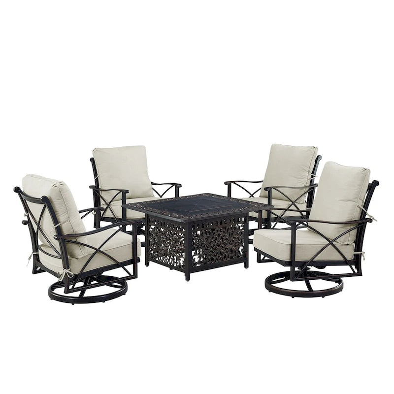 Ensemble table brasero en aluminium noir avec quatre fauteuils de club