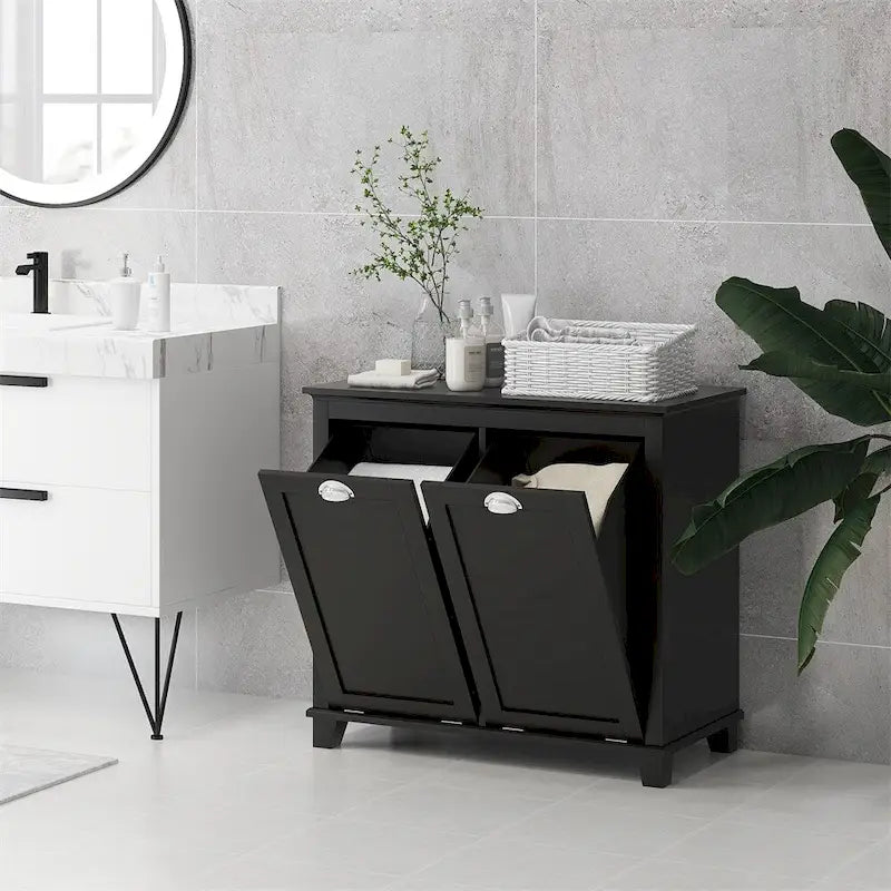 Meuble de sol de salle de bain en MDF noir avec 2 paniers à linge basculants et 2 armoires de rangement