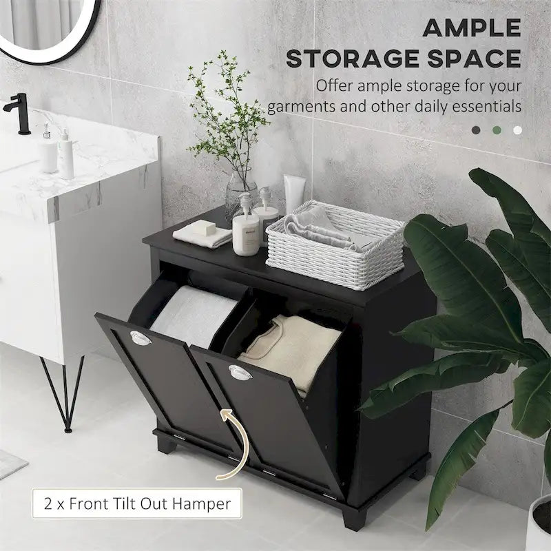 Meuble de sol de salle de bain en MDF noir avec 2 paniers à linge basculants et 2 armoires de rangement