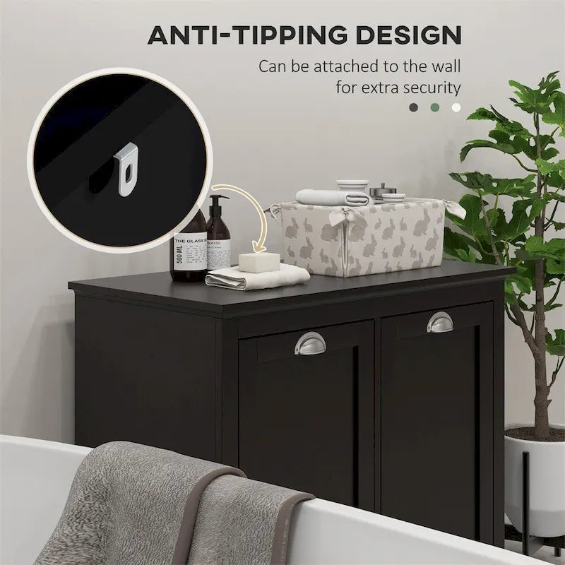 Meuble de sol de salle de bain en MDF noir avec 2 paniers à linge basculants et 2 armoires de rangement