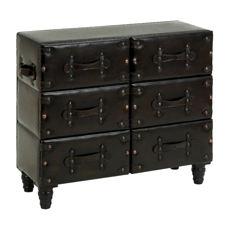 Coffre de Rangement en Similicuir Vintage Effet Bois avec Rivets et Sangles Décoratives - Noir - Roche River Decor