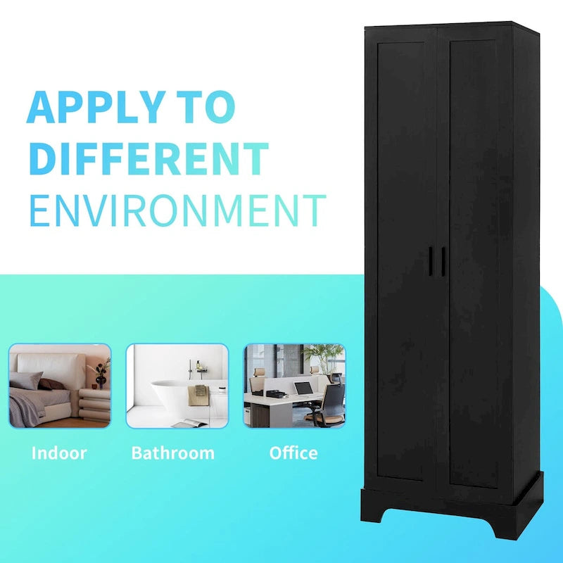 Meuble de rangement 2 portes avec finition bois noir et étagères réglables