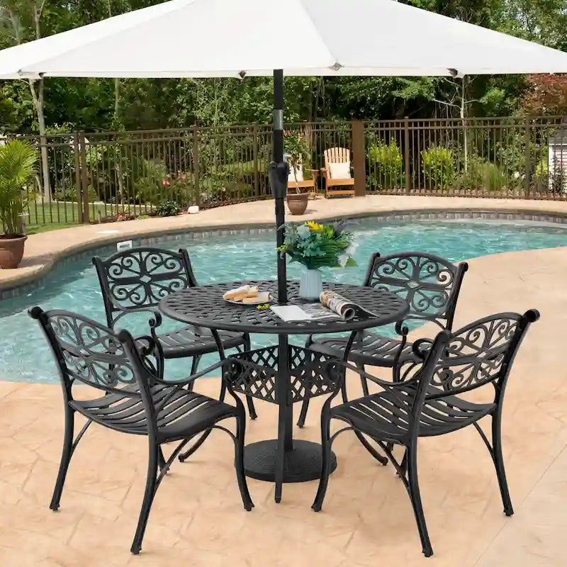 Nuu Garden Patio 5 Pieces Cast Aluminum Dining Set with 2.24 Inch Umbrella Hole