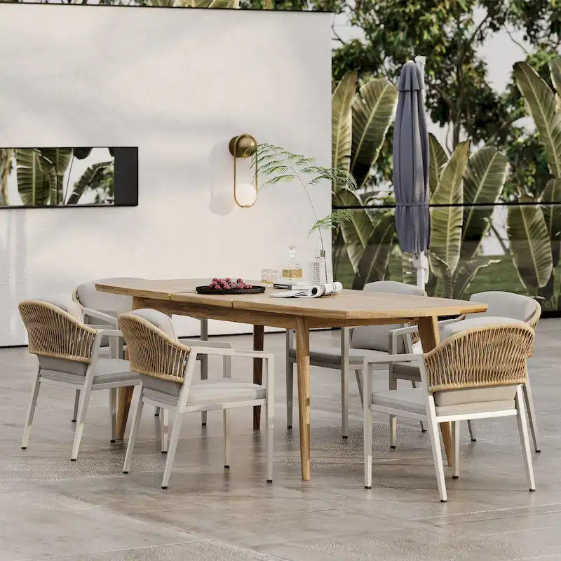 Ensemble de salle à manger d'extérieur 7 pièces Hares Farmhouse en bois d'acacia avec coussins par Christopher Knight Home