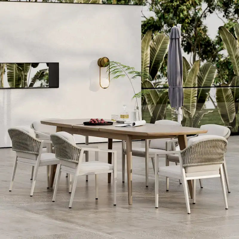 Ensemble de salle à manger d'extérieur 7 pièces Hares Farmhouse en bois d'acacia avec coussins par Christopher Knight Home