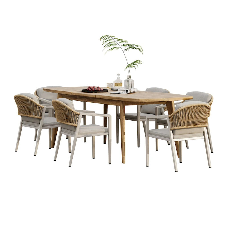 Ensemble de salle à manger d'extérieur 7 pièces Hares Farmhouse en bois d'acacia avec coussins par Christopher Knight Home