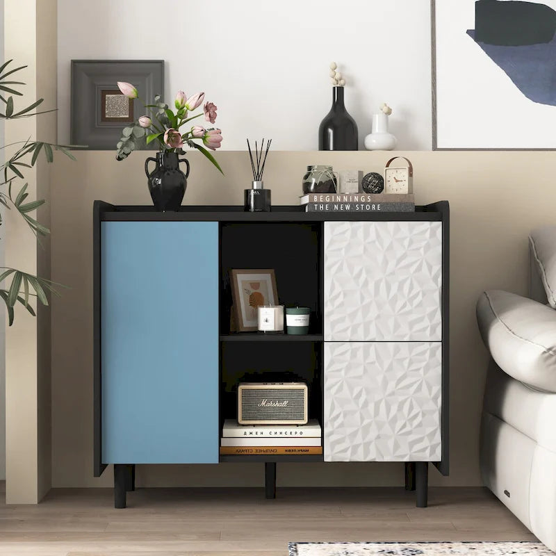 Bahut MDF Noir & Rouge/Bleu avec 2 Tiroirs, Placard & Étagères Ouvertes