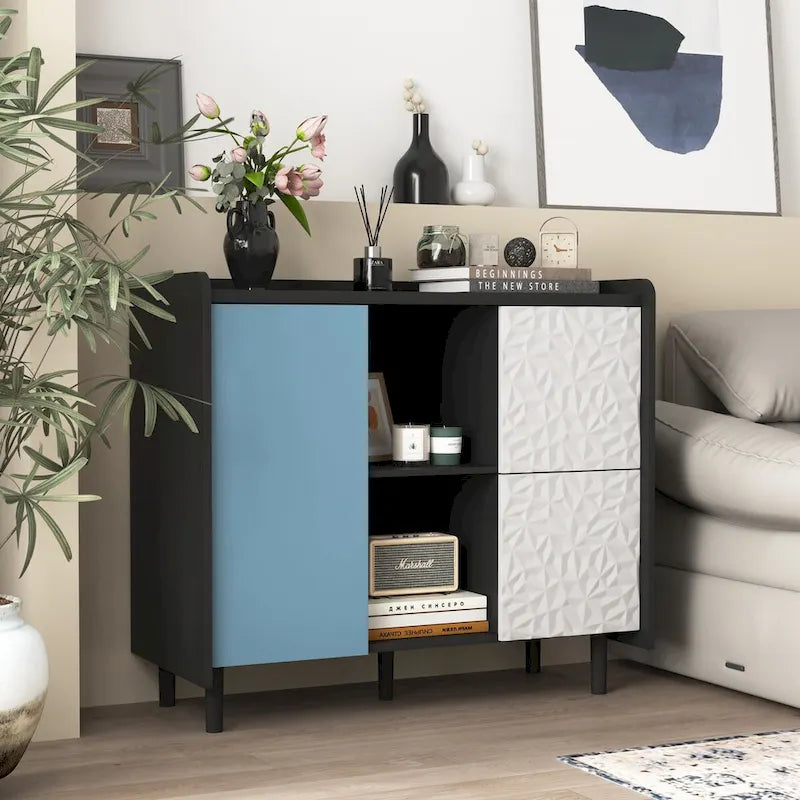 Bahut MDF Noir & Rouge/Bleu avec 2 Tiroirs, Placard & Étagères Ouvertes