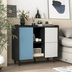 Bahut MDF Noir & Rouge/Bleu avec 2 Tiroirs, Placard & Étagères Ouvertes