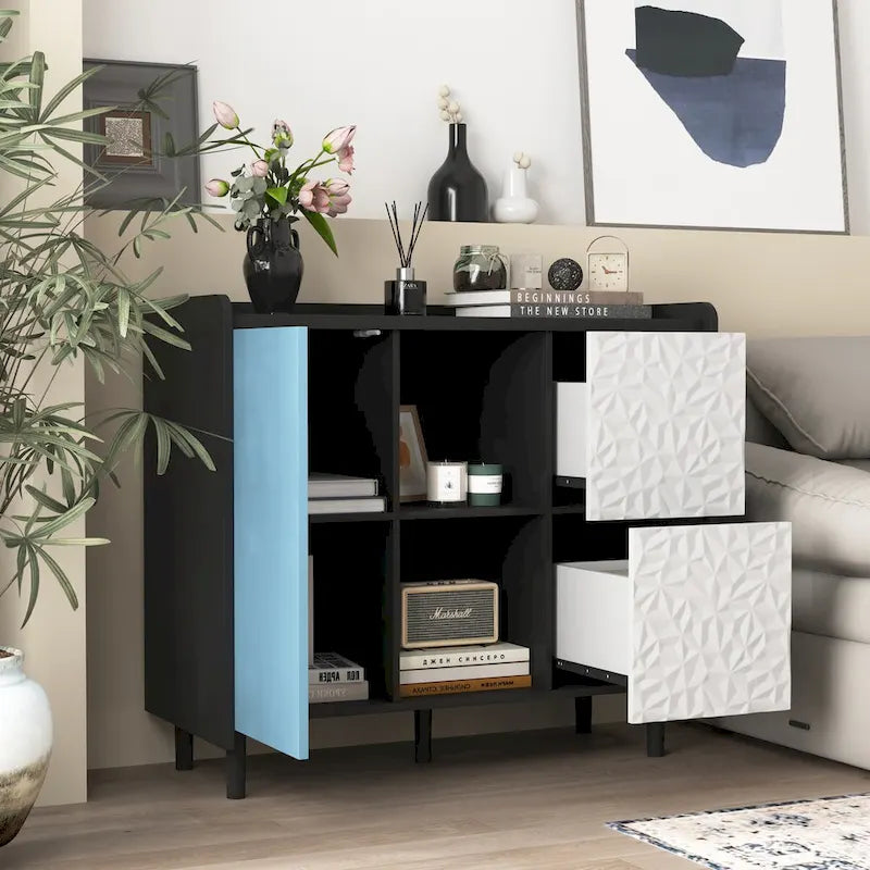 Bahut MDF Noir & Rouge/Bleu avec 2 Tiroirs, Placard & Étagères Ouvertes
