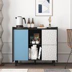 Bahut MDF Noir & Rouge/Bleu avec 2 Tiroirs, Placard & Étagères Ouvertes
