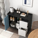 Bahut MDF Noir & Rouge/Bleu avec 2 Tiroirs, Placard & Étagères Ouvertes