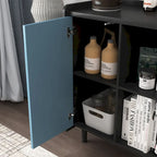 Bahut MDF Noir & Rouge/Bleu avec 2 Tiroirs, Placard & Étagères Ouvertes