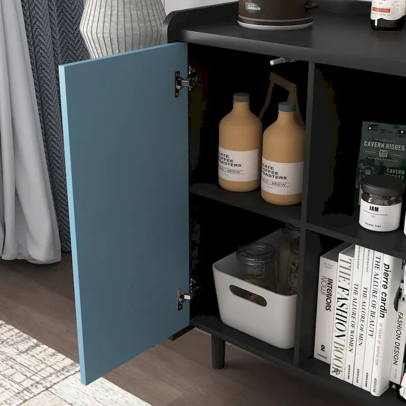 Bahut MDF Noir & Rouge/Bleu avec 2 Tiroirs, Placard & Étagères Ouvertes