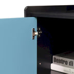 Bahut MDF Noir & Rouge/Bleu avec 2 Tiroirs, Placard & Étagères Ouvertes