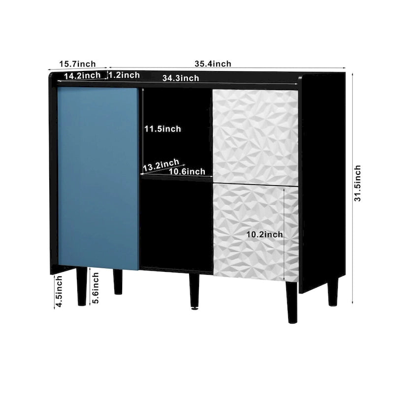 Bahut MDF Noir & Rouge/Bleu avec 2 Tiroirs, Placard & Étagères Ouvertes