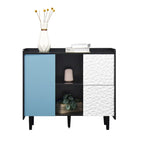 Bahut MDF Noir & Rouge/Bleu avec 2 Tiroirs, Placard & Étagères Ouvertes