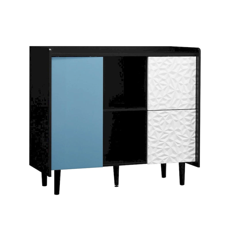 Bahut MDF Noir & Rouge/Bleu avec 2 Tiroirs, Placard & Étagères Ouvertes