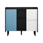 Bahut MDF Noir & Rouge/Bleu avec 2 Tiroirs, Placard & Étagères Ouvertes