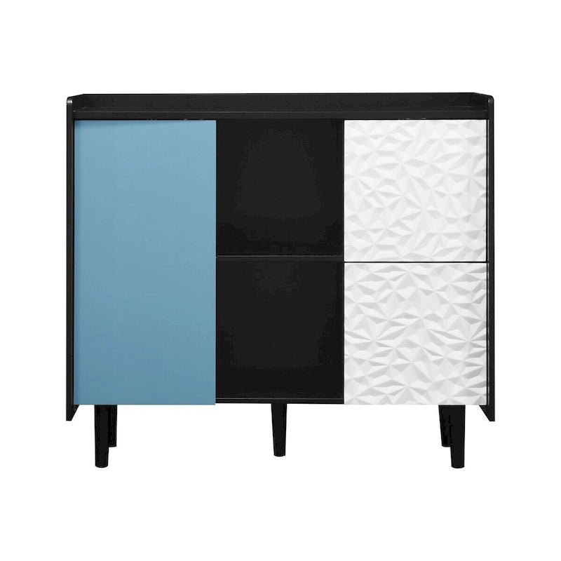 Bahut MDF Noir & Rouge/Bleu avec 2 Tiroirs, Placard & Étagères Ouvertes