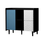 Bahut MDF Noir & Rouge/Bleu avec 2 Tiroirs, Placard & Étagères Ouvertes