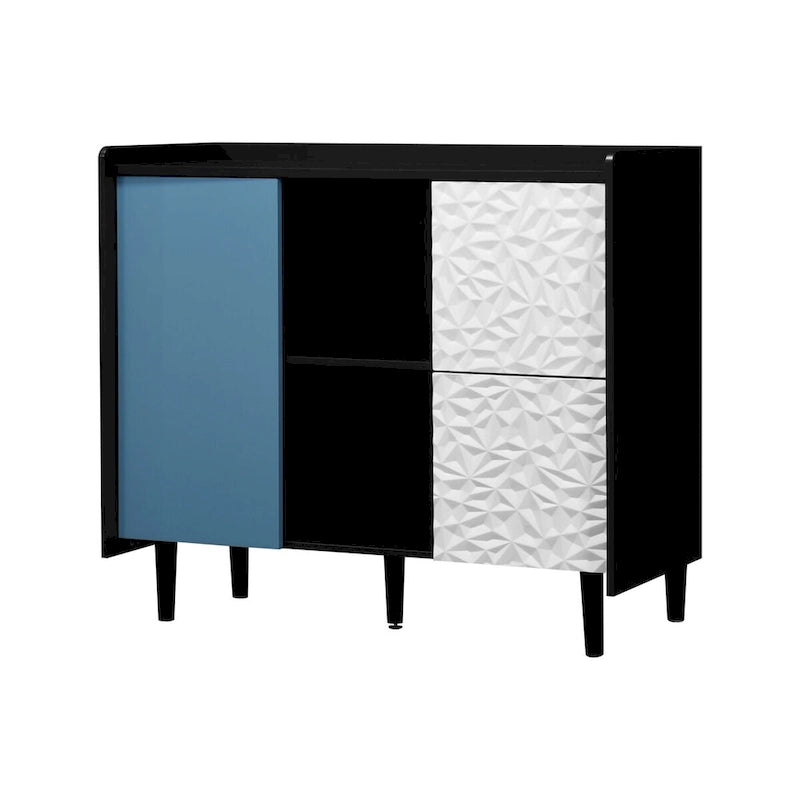 Bahut MDF Noir & Rouge/Bleu avec 2 Tiroirs, Placard & Étagères Ouvertes