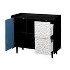 Bahut MDF Noir & Rouge/Bleu avec 2 Tiroirs, Placard & Étagères Ouvertes