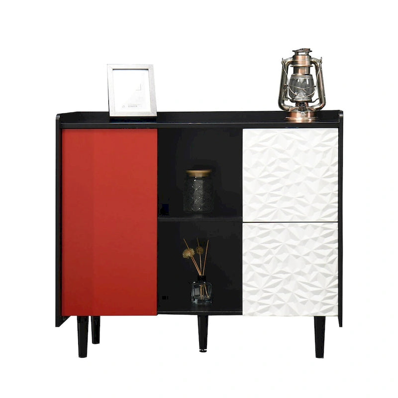 Bahut MDF Noir & Rouge/Bleu avec 2 Tiroirs, Placard & Étagères Ouvertes