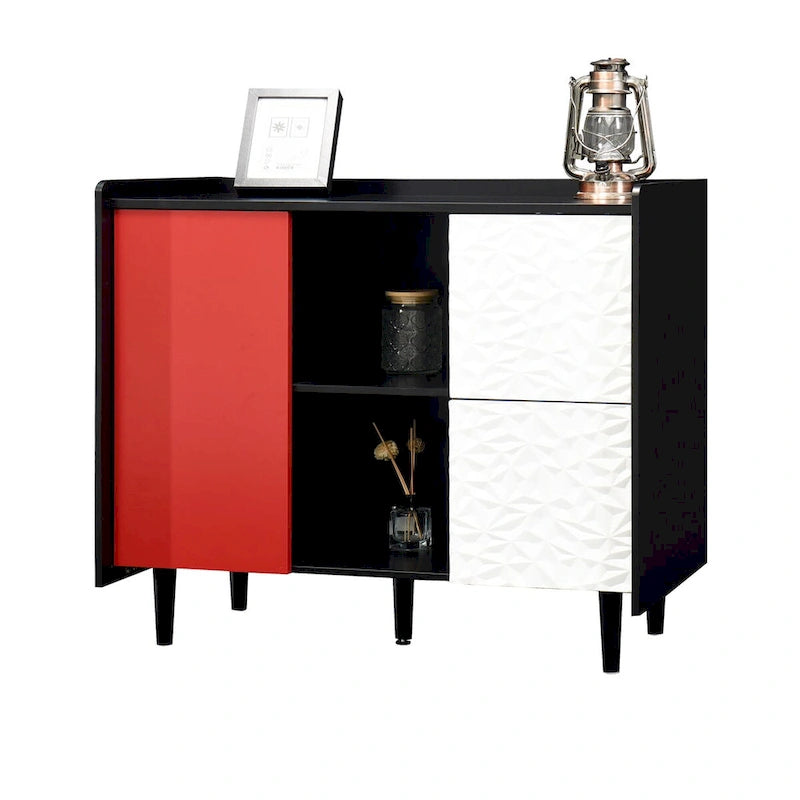 Bahut MDF Noir & Rouge/Bleu avec 2 Tiroirs, Placard & Étagères Ouvertes