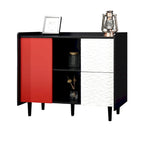 Bahut MDF Noir & Rouge/Bleu avec 2 Tiroirs, Placard & Étagères Ouvertes