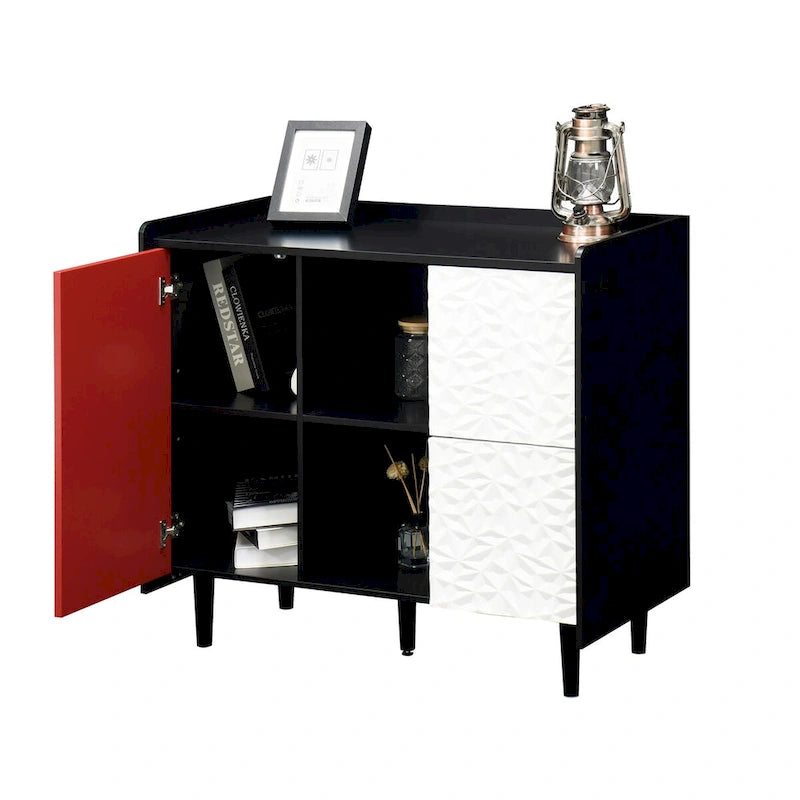 Bahut MDF Noir & Rouge/Bleu avec 2 Tiroirs, Placard & Étagères Ouvertes