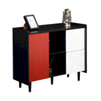 Bahut MDF Noir & Rouge/Bleu avec 2 Tiroirs, Placard & Étagères Ouvertes