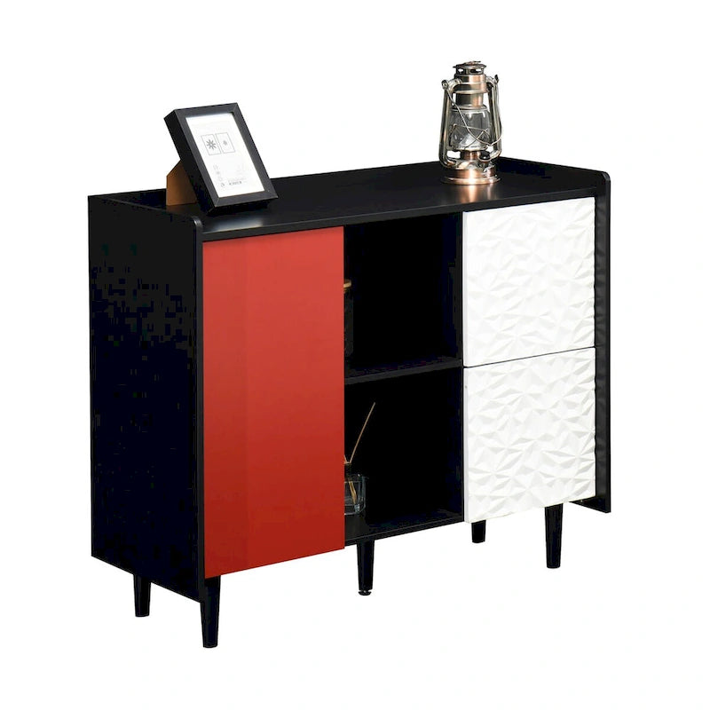 Bahut MDF Noir & Rouge/Bleu avec 2 Tiroirs, Placard & Étagères Ouvertes