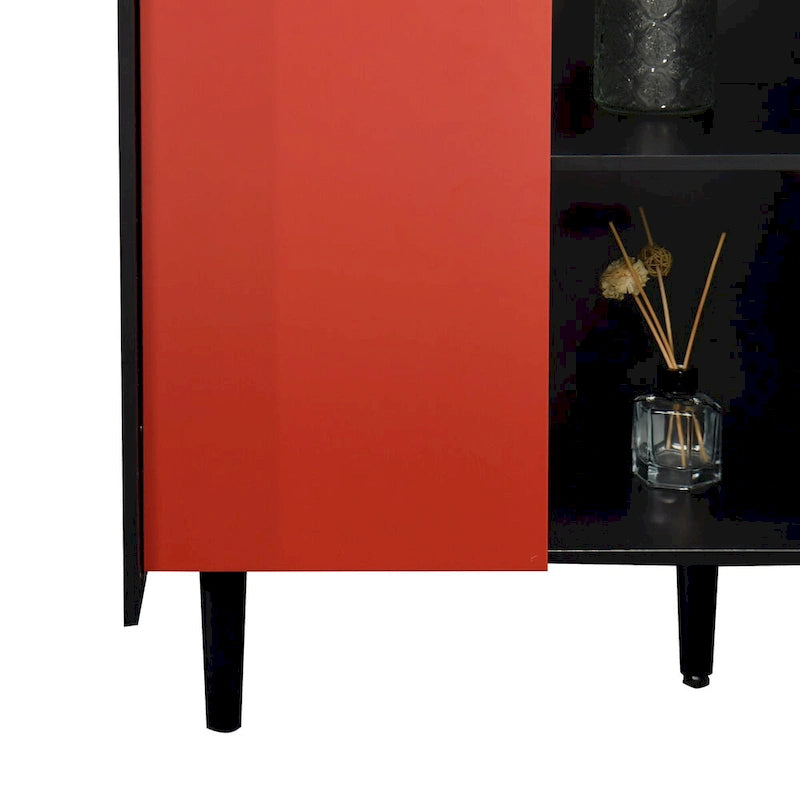 Bahut MDF Noir & Rouge/Bleu avec 2 Tiroirs, Placard & Étagères Ouvertes
