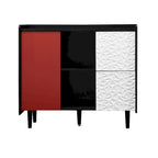 Bahut MDF Noir & Rouge/Bleu avec 2 Tiroirs, Placard & Étagères Ouvertes