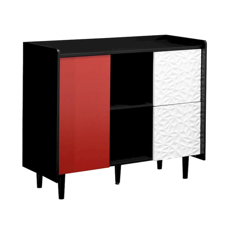Bahut MDF Noir & Rouge/Bleu avec 2 Tiroirs, Placard & Étagères Ouvertes