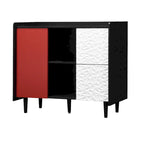 Bahut MDF Noir & Rouge/Bleu avec 2 Tiroirs, Placard & Étagères Ouvertes