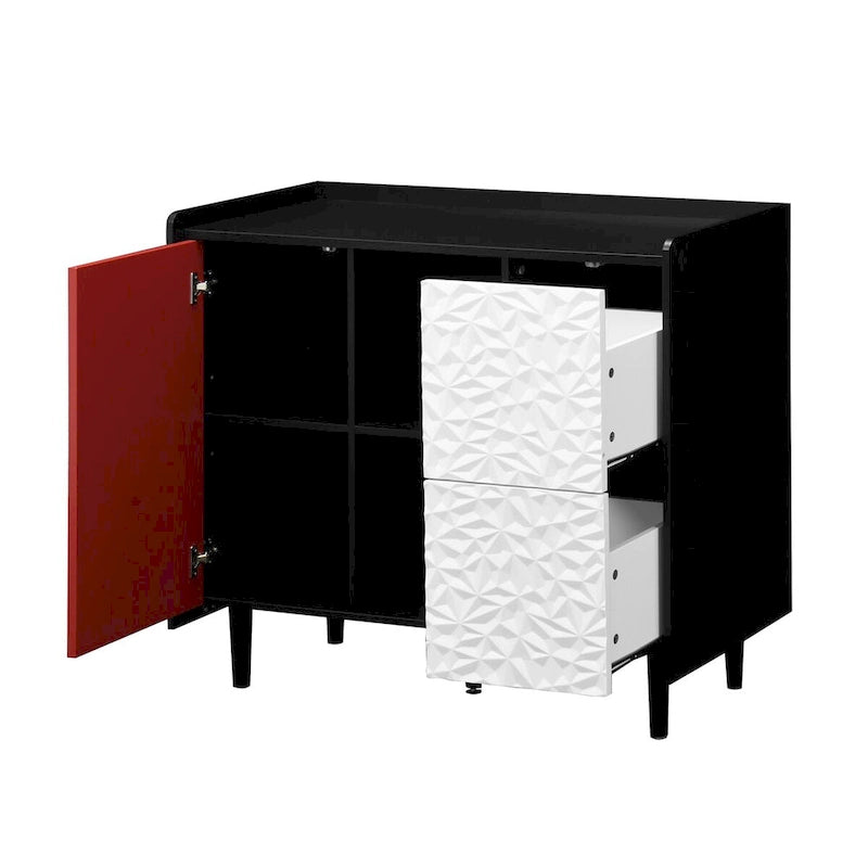 Bahut MDF Noir & Rouge/Bleu avec 2 Tiroirs, Placard & Étagères Ouvertes