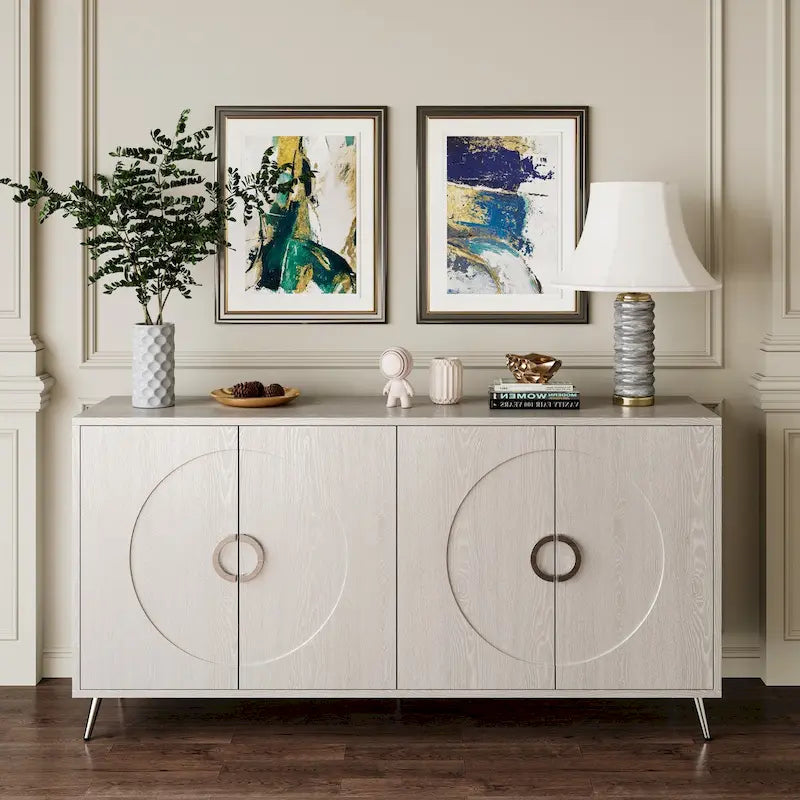 Buffet 4 portes en MDF noir vieilli/champagne avec étagères réglables et pieds en métal