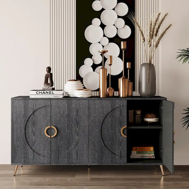 Buffet 4 portes en MDF noir vieilli/champagne avec étagères réglables et pieds en métal